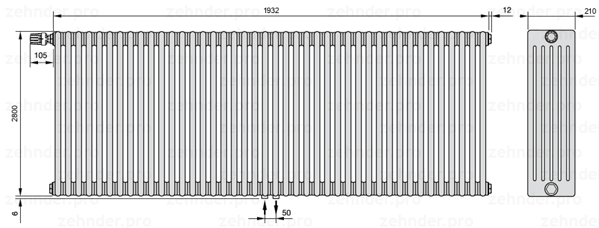 Схема (чертеж) Радиатор Zehnder Charleston 6280/42 №V007 Белый глянцевый RAL 9016